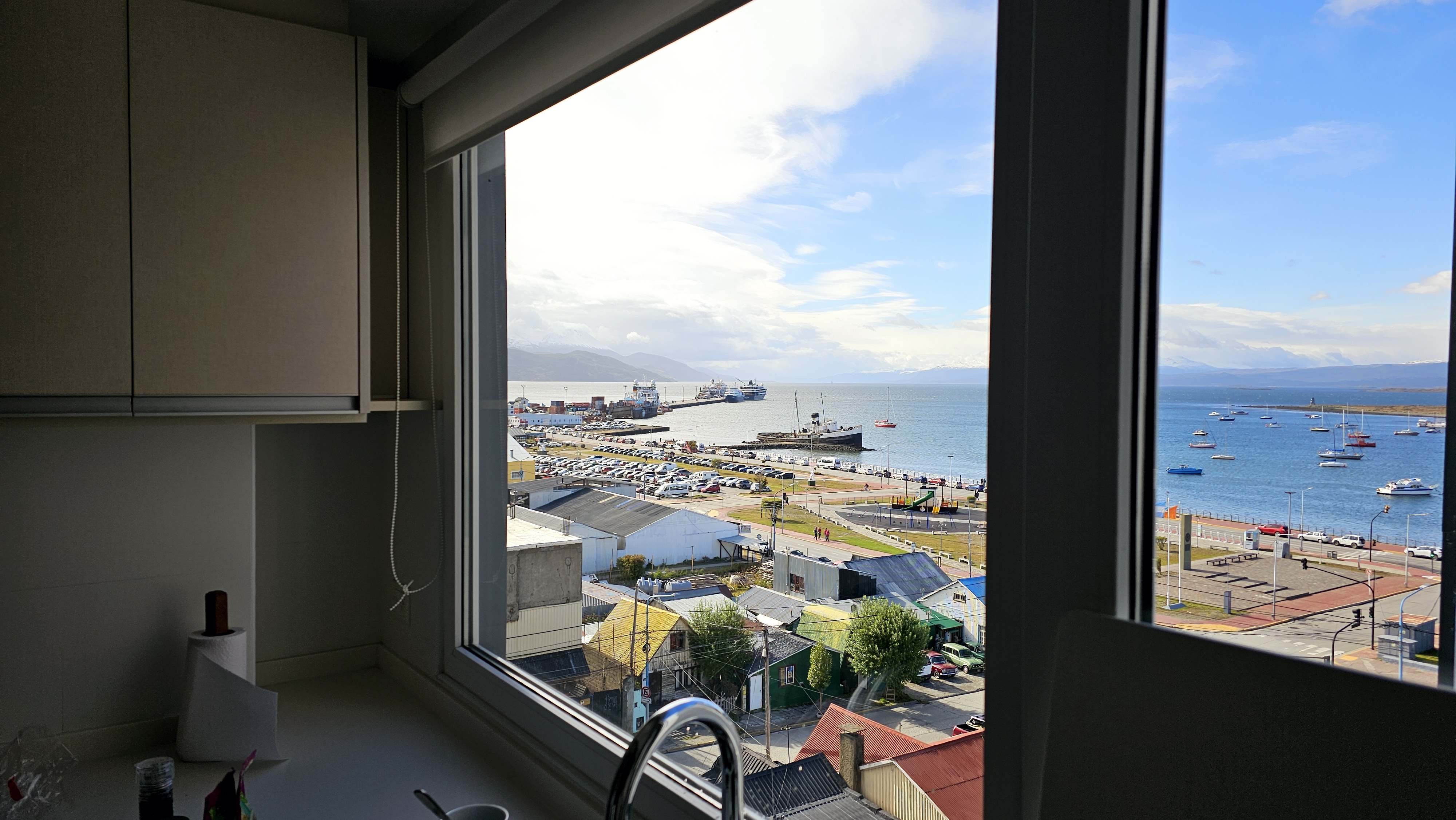 Morning view of Ushuaia harbor from our apartment window