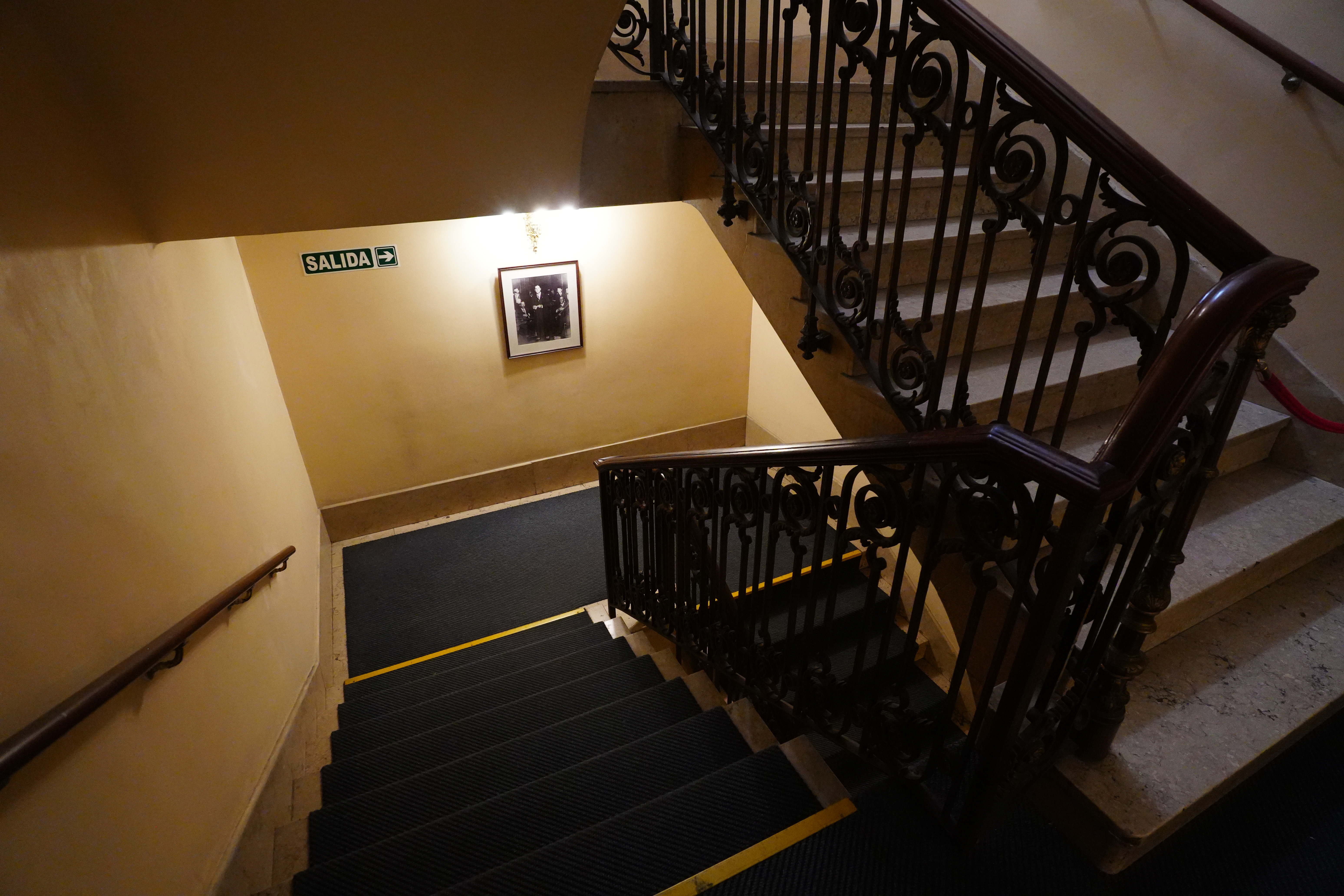 Interior stairwell with blue carpet and framed photograph on wall.