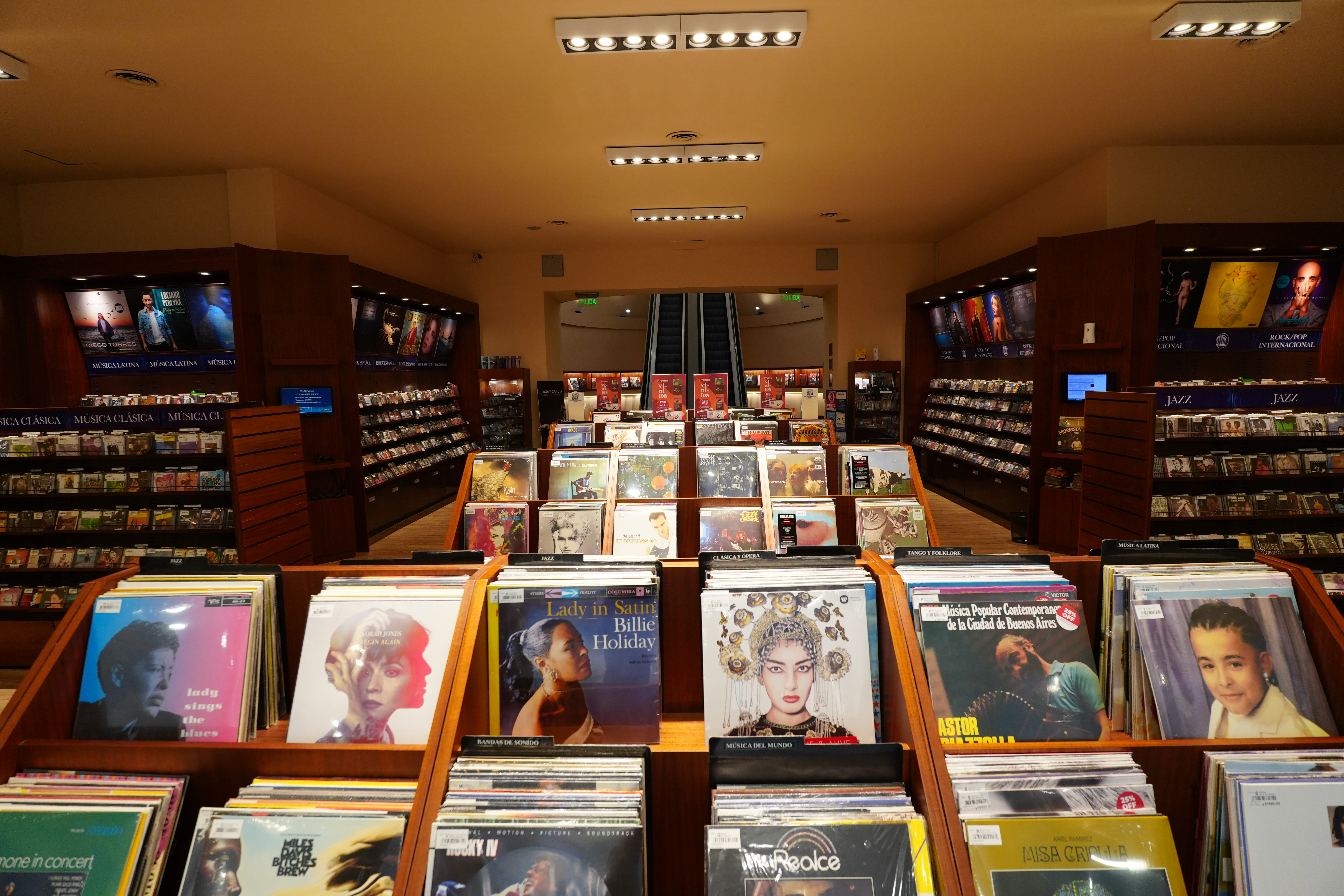 Full view of vinyl record display bins in the music section.	