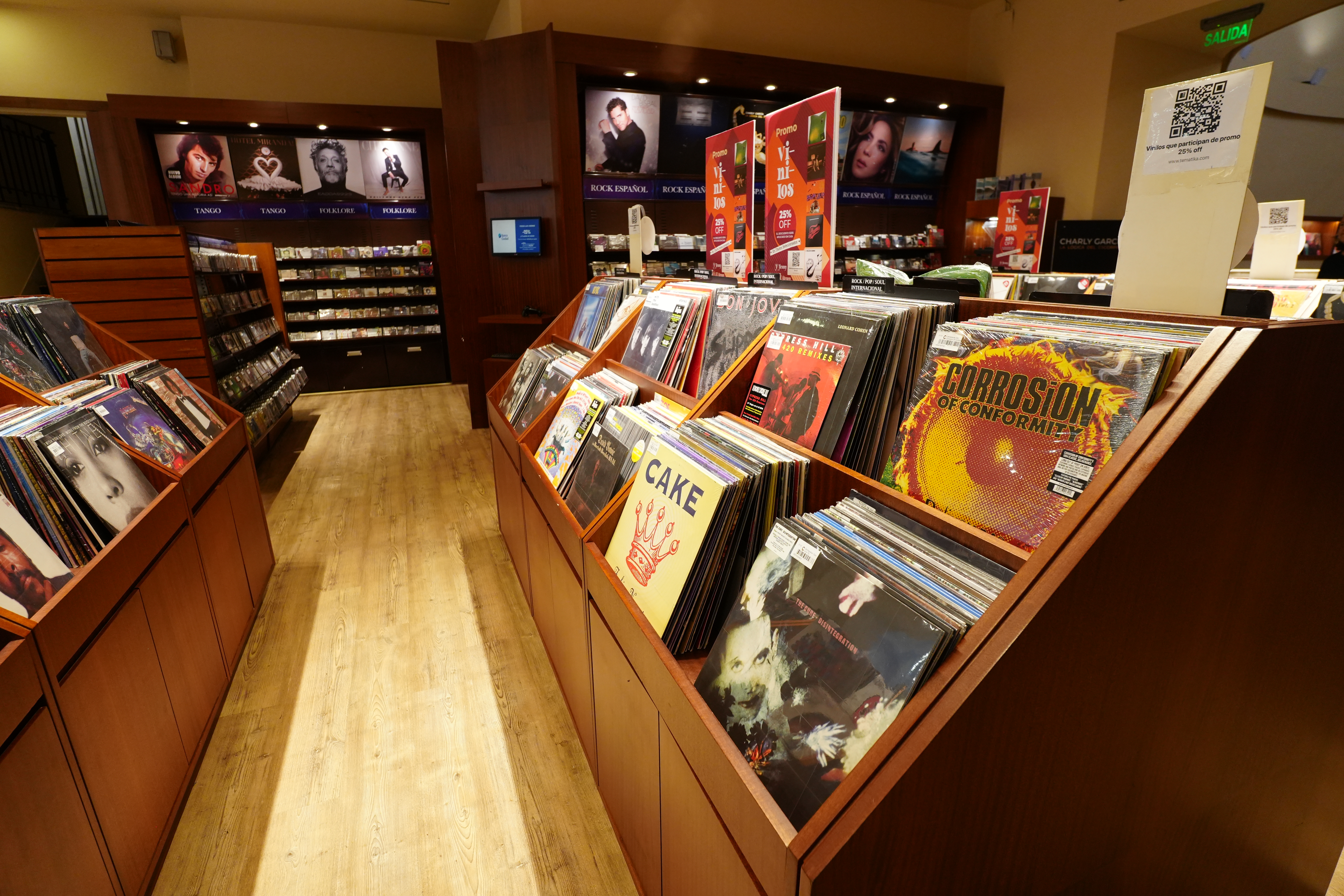 Aisle view through vinyl record bins with framed portraits above.	