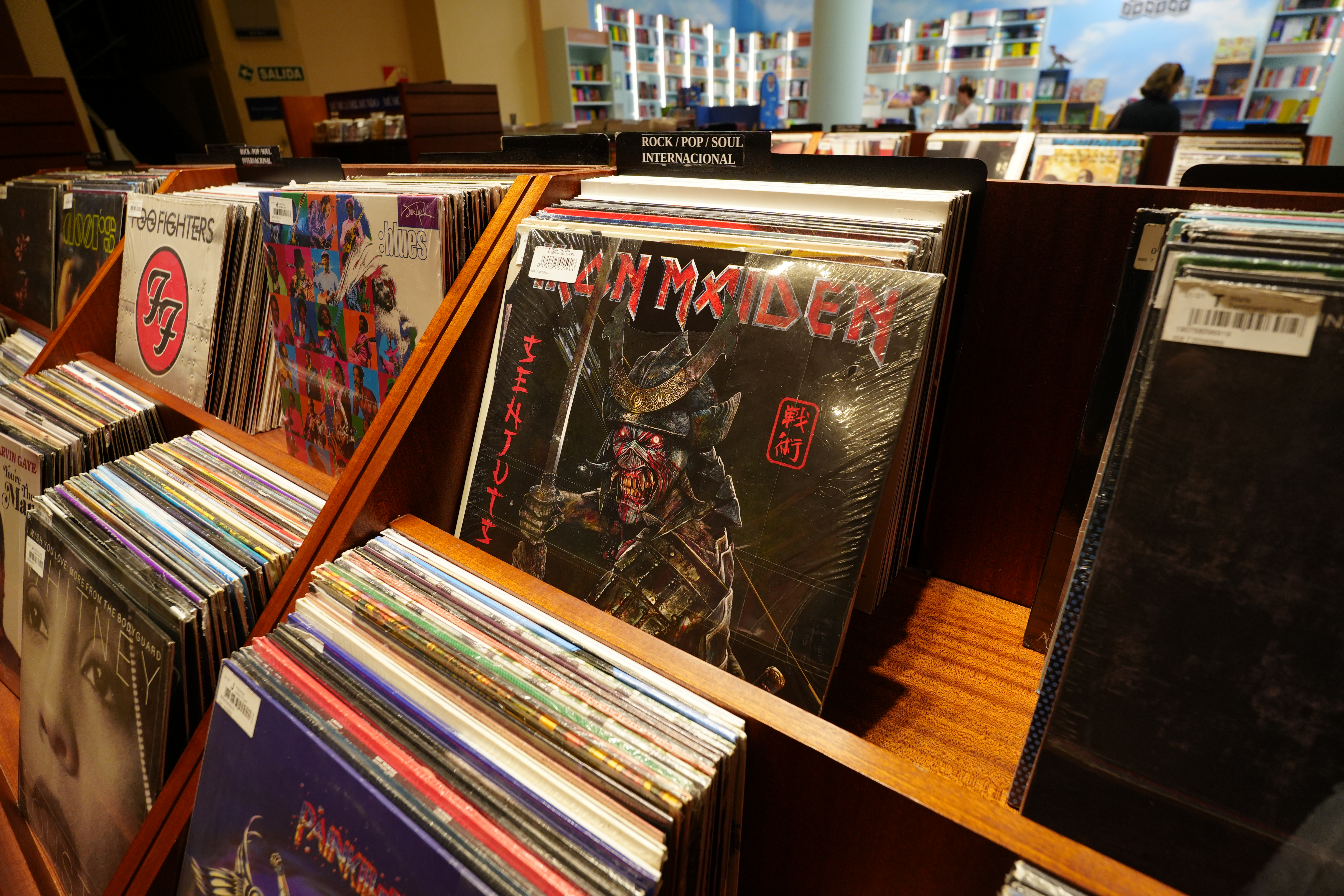 Close-up of vinyl records featuring Iron Maiden and other artists.	