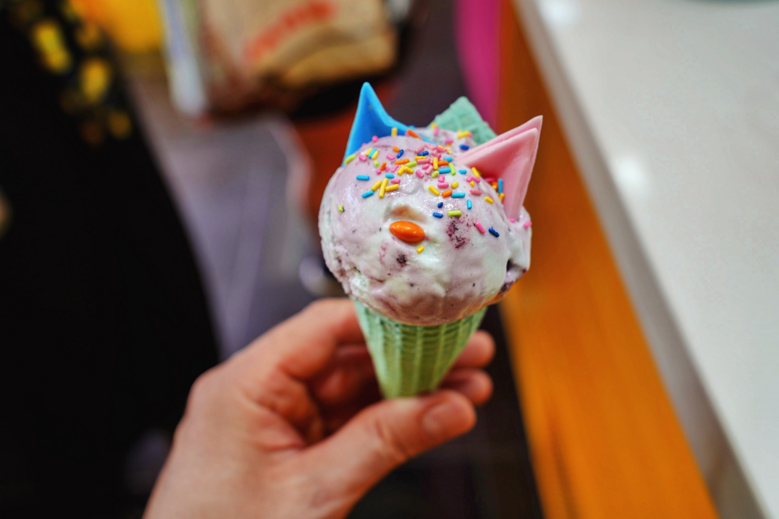 Colorful Miau cat-themed ice cream cone
