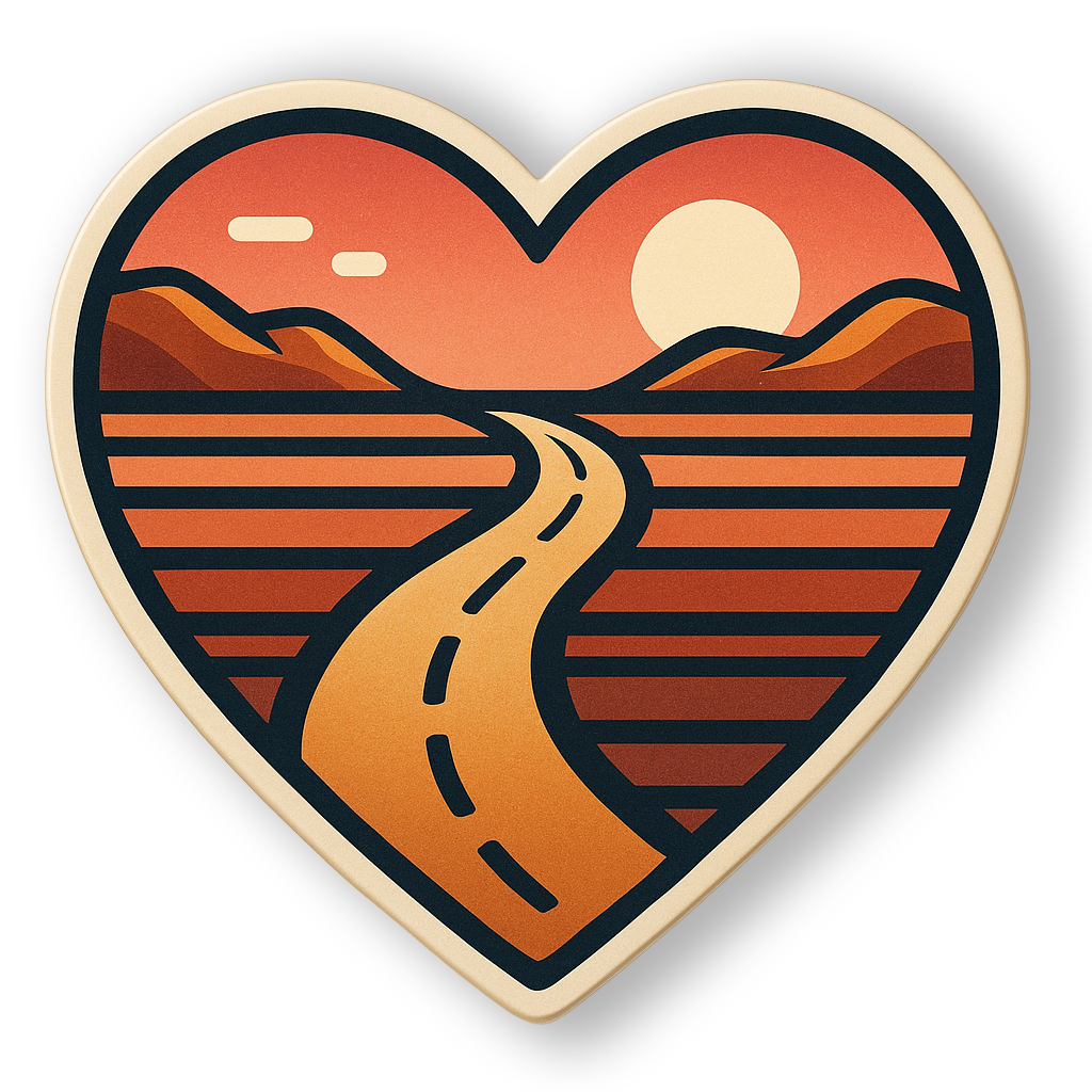 Heart-shaped logo for RomanticRoads.com, showing a winding road at sunset through mountains and striped landscapes—symbolizing soulful travel and nostalgic journeys.